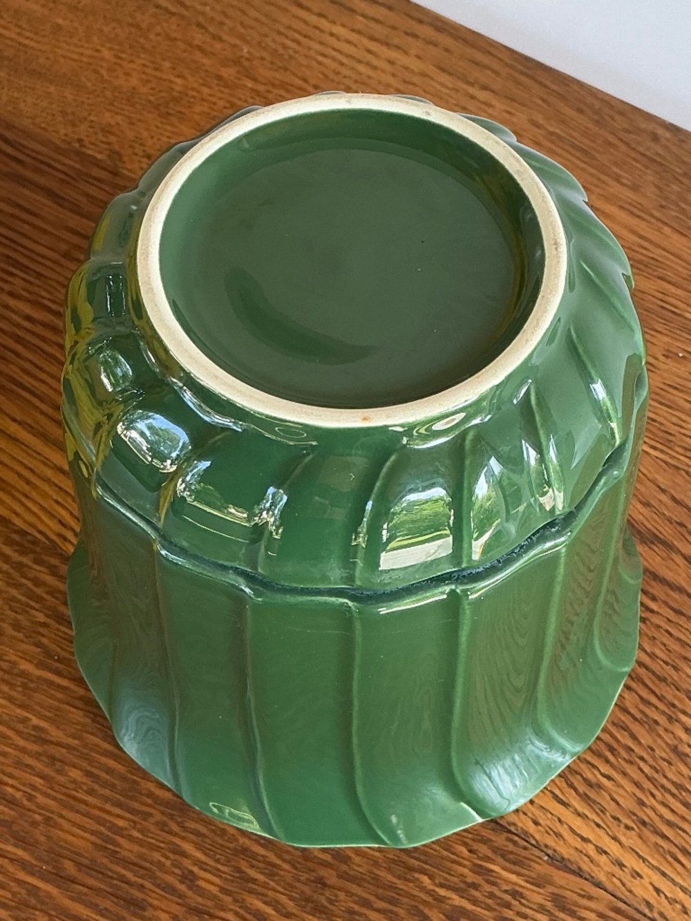 Vintage MCM Green Ribbed Ceramic Planter Flower Pot Attached Saucer - Picture 2 of 16